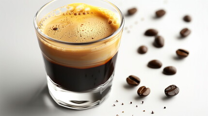 Espresso coffee and coffee beans on white background. AI Generative.