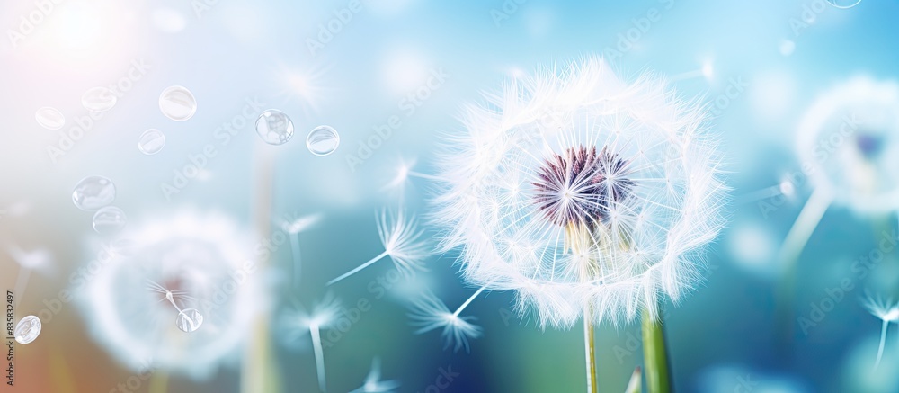 Poster macro closeup of dandelion seeds with a soft focus in a vintage style, creating an abstract backgrou