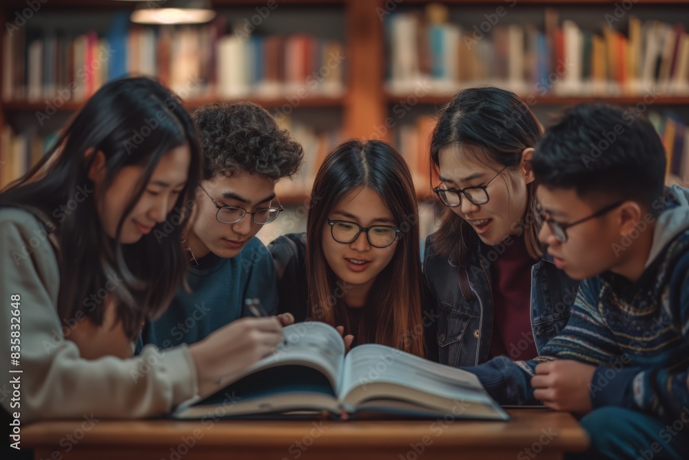 Aufkleber a diverse group of students is studying together in a library, focusing on books and education. they