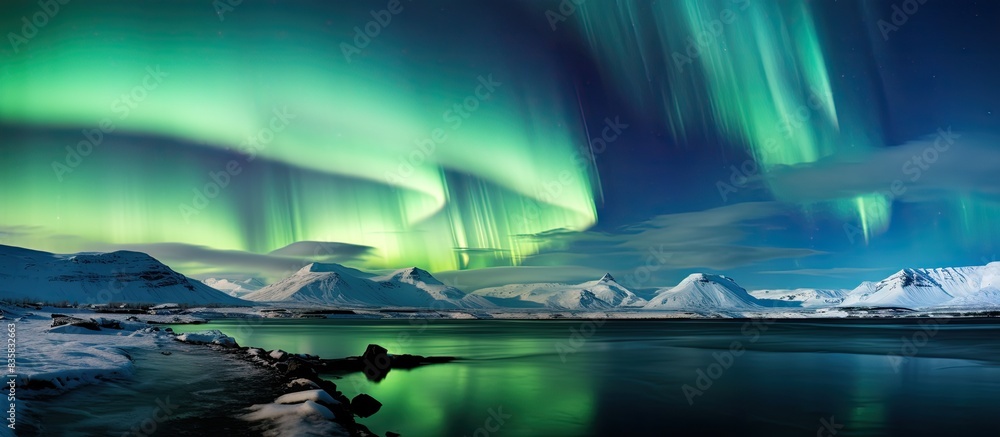 Poster the milky way is a spiral galaxy with an aurora borealis in the background, creating a stunning copy