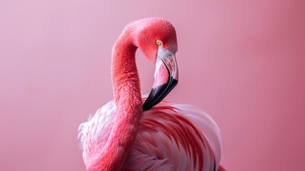 Fototapeta premium Pink flamingo standing in front of pink background