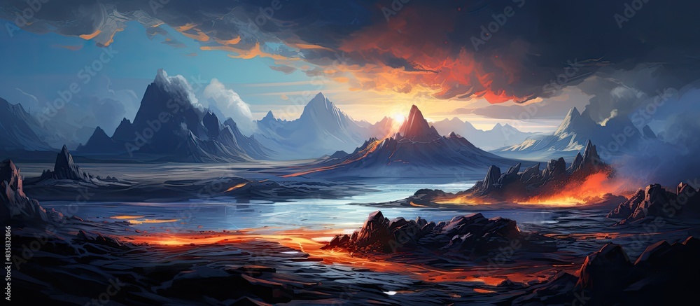 Poster volcano crater erupting with lava in a copy space image.