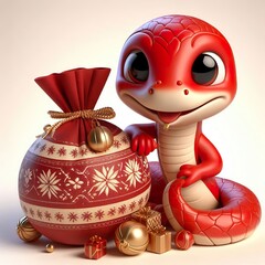 3D image of a cute, smiling, red snake sits next to an ornamental bag in a snowflake pattern on a plain background