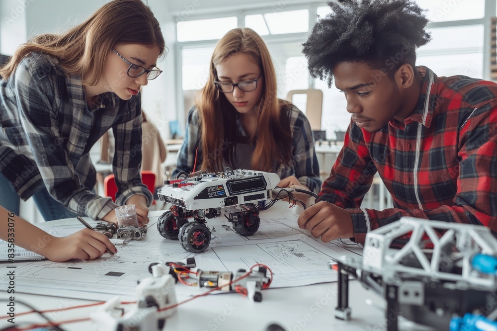 Aufkleber Young engineers are collaborating on a robotics project in a modern laboratory, working on blueprints for a futuristic model. Their teamwork reflects innovation and technology in education