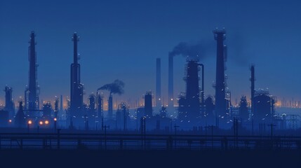 A blue hour scene at an oil refinery, where the silhouette of tanks and pipes creates a graphic industrial landscape