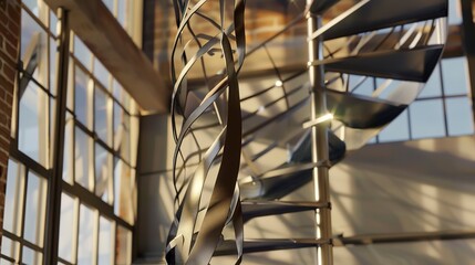 Obraz premium Open-concept loft, close-up on spiral staircase and hanging metal art, diffuse light from multi-level windows