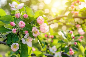 Blossom Branch with Pink Flowers in Sunlight