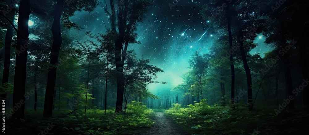 Poster the serene night features a gentle forest rustle and a celestial dance with a copy space image.