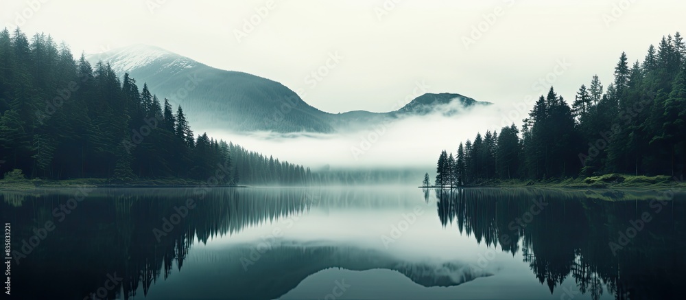 Poster small river and coniferous trees mirrored in serene alpine lake on misty morning with tranquil lands