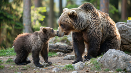 Brown Bear Mother and Cub Nuzzling Together