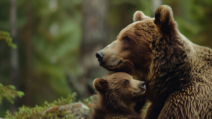 Brown Bear Mother and Cub Nuzzling Together