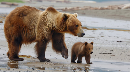 Fototapeta premium Fluffy Brown Bear Mother and Cub Walking Together in Shallow Waters