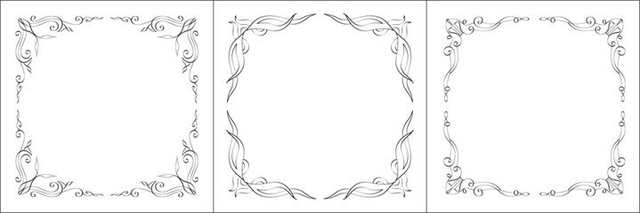 Set of three vector frames. Elegant black and white monochrome ornamental border for greeting cards, banners, invitations. Vector frame for all sizes and formats. Isolated vector illustration.	
