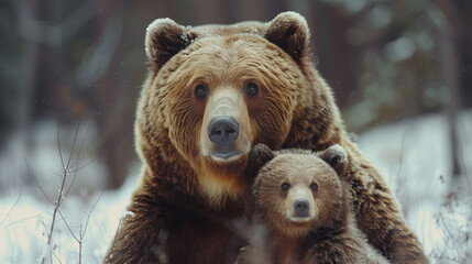 Fototapeta premium Brown Bear Mother and Cub Amidst Snowy Fields