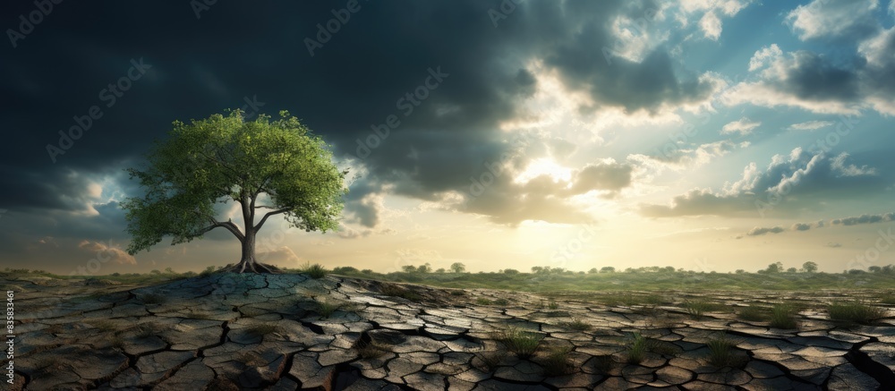 Poster climate change ravaged the planet, leaving a desolate landscape. copy space image. place for adding 
