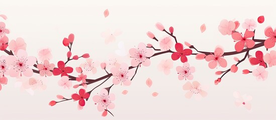 Springtime cherry blossoms in pink bloom on a sunny blurred garden backdrop with blue, yellow, and white bokeh, ideal for a copy space image.