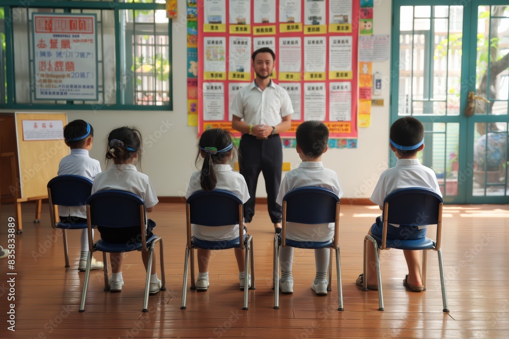Poster a teacher is instructing young students in a classroom setting, surrounded by colorful posters to en