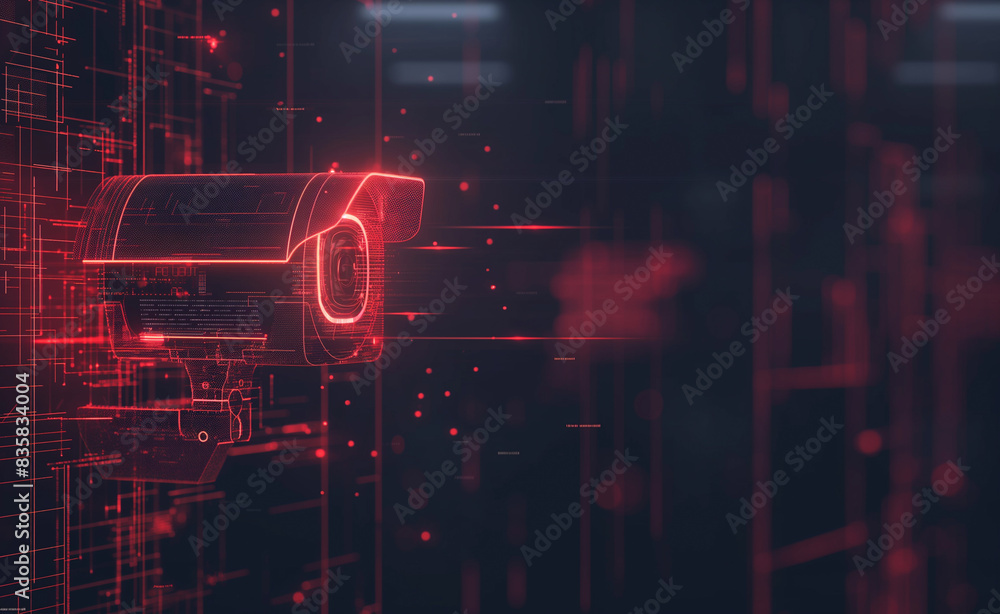 Poster high-tech surveillance camera, composed of glowing red lines and particles, set against a dark backg