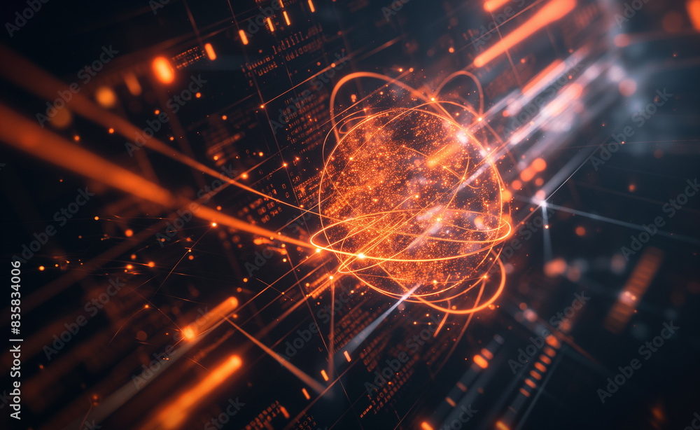 Poster futuristic technology, composed of glowing orange lines and particles in circular patterns, on a dar