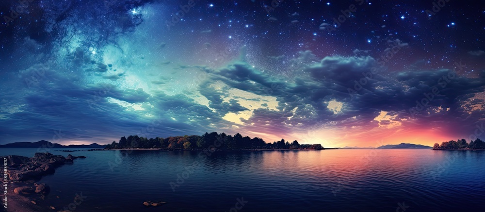 Wall mural majestic view of the milky way galaxy reflecting in the serene waters of the sea, providing ample co