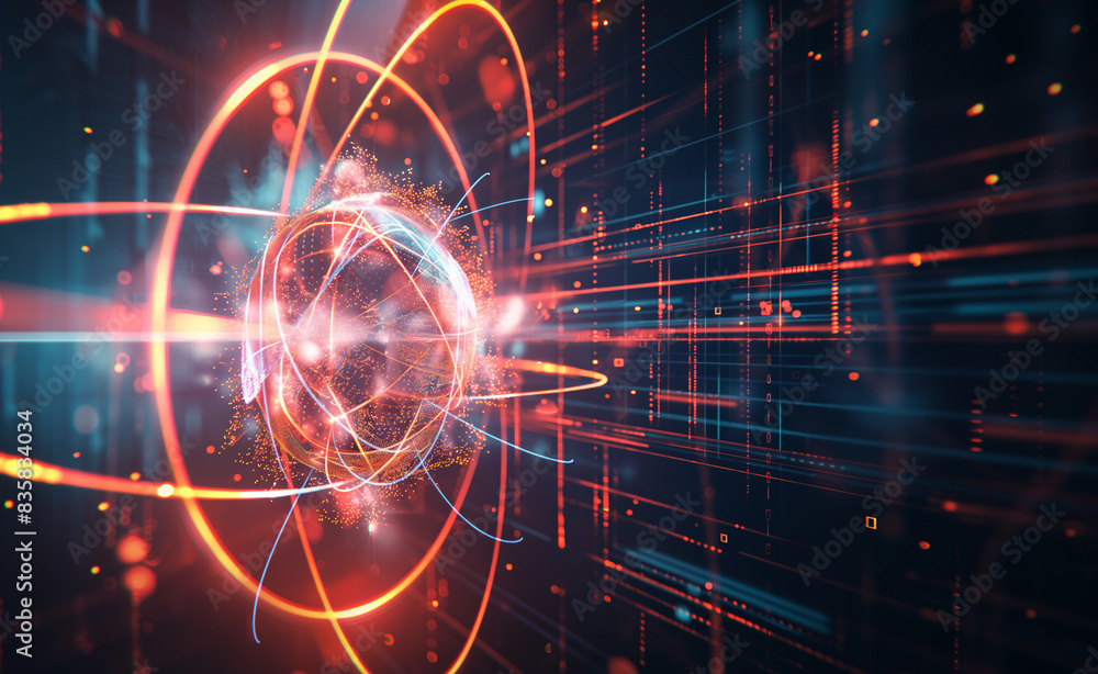 Poster futuristic technology, composed of glowing orange lines and particles in circular patterns, on a dar
