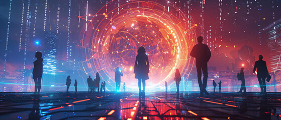 People walking in a futuristic city with a glowing sphere in the background