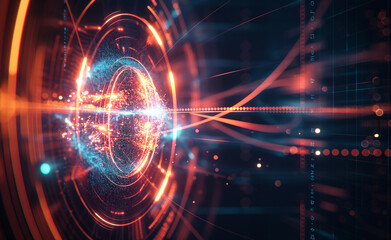 Obraz premium Futuristic technology, composed of glowing orange lines and particles in circular patterns, on a dark background, with space for text. The design is striking and modern, highlighting advanced digital 
