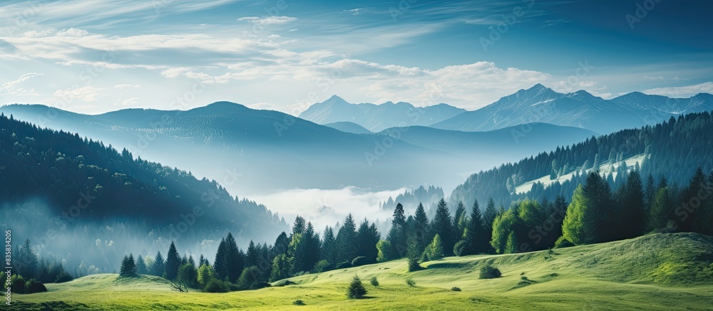 Poster scenic view of misty mountains and aligned trees in a captivating landscape with a copy space image.