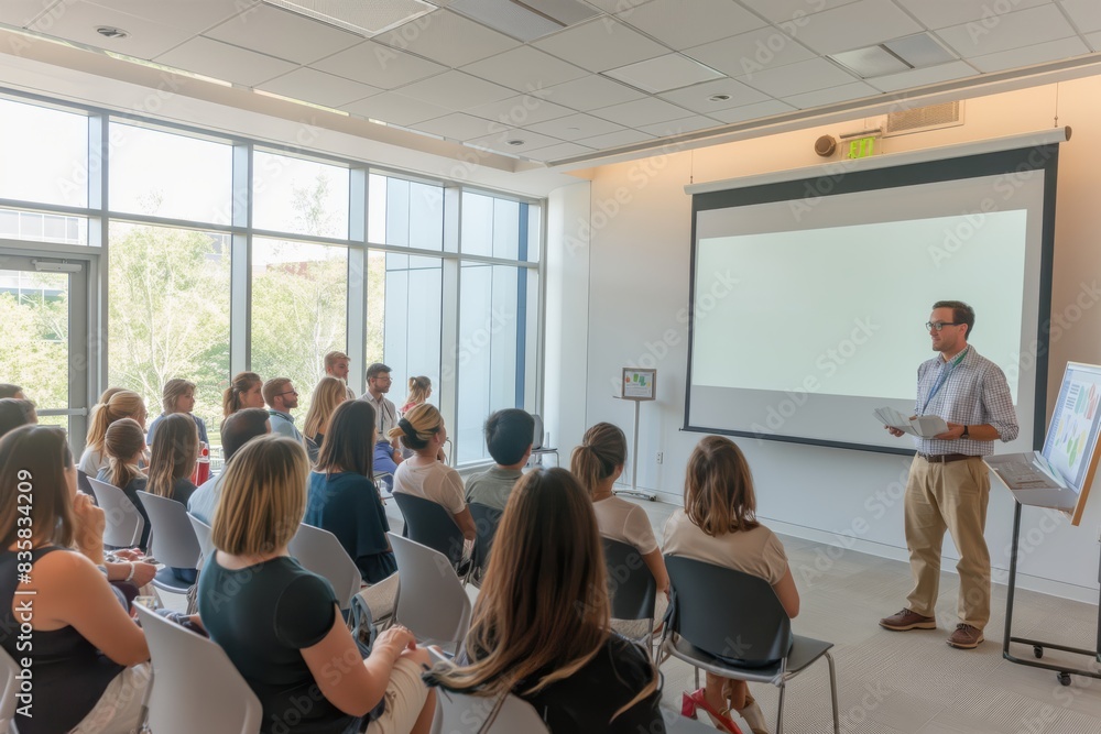 Poster engaging business presentation in a contemporary conference room with a focused audience. profession