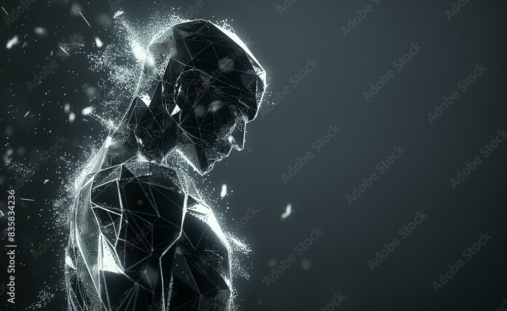 Poster a cutting-edge ai robot, made from glowing silver lines and particles on a dark background, with ple