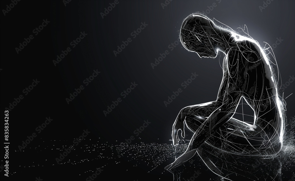 Poster a cutting-edge ai robot, made from glowing silver lines and particles on a dark background, with ple