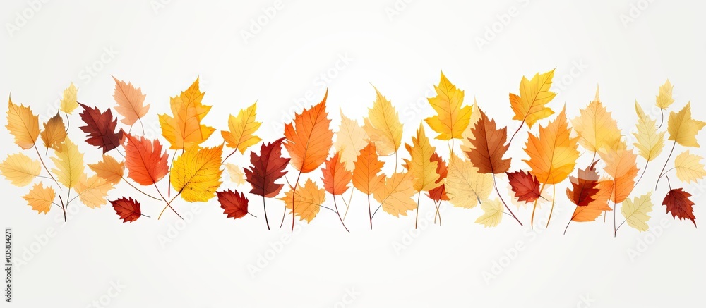 Poster autumn leaves in yellow and orange hues gently cascade down in a serene setting with a white backdro