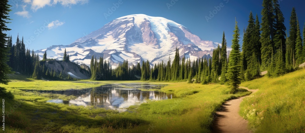 Aufkleber scenic view of trees and mountains set against a white backdrop with copy space image.