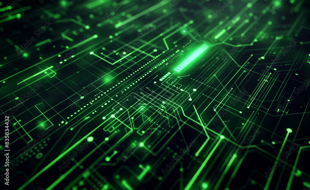 Poster futuristic circuit board, with glowing green lines and intricate patterns, on a dark background, wit