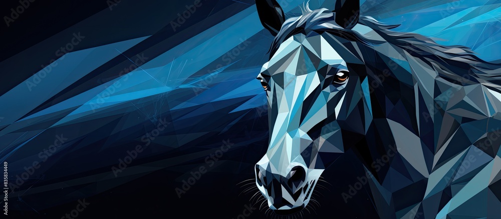 Poster origami blue pegasus on a dark backdrop with a paper unicorn head, creating an intricate and whimsic