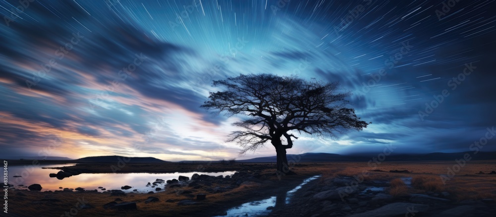 Poster capturing a stunning night sky with the milky way galaxy visible in a hazy band of light from earth,