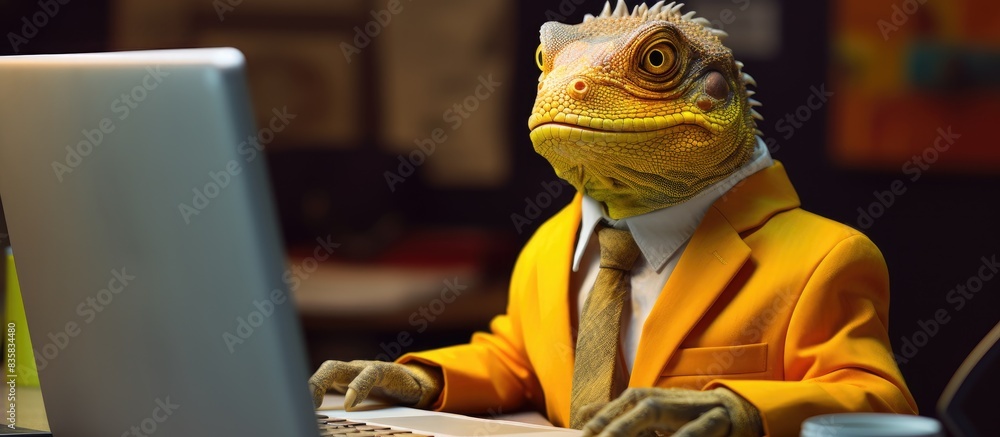 Poster laptop keyboard with a cute yellow iguana looking at the camera, with a blurred background providing