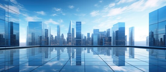 Tall contemporary building with a blue glass facade set against the sky, providing ample copy space image for designs.