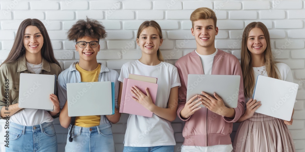 Aufkleber a diverse group of students poses in front of a brick wall with books and laptops, showcasing teamwo