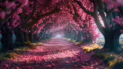 Tree-lined road with pink flowers