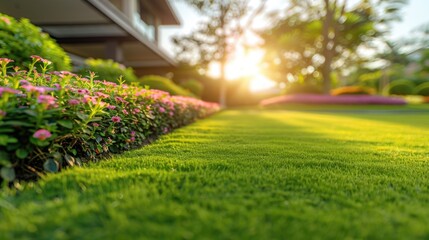 Obraz premium Green lawn with pink flowers and building