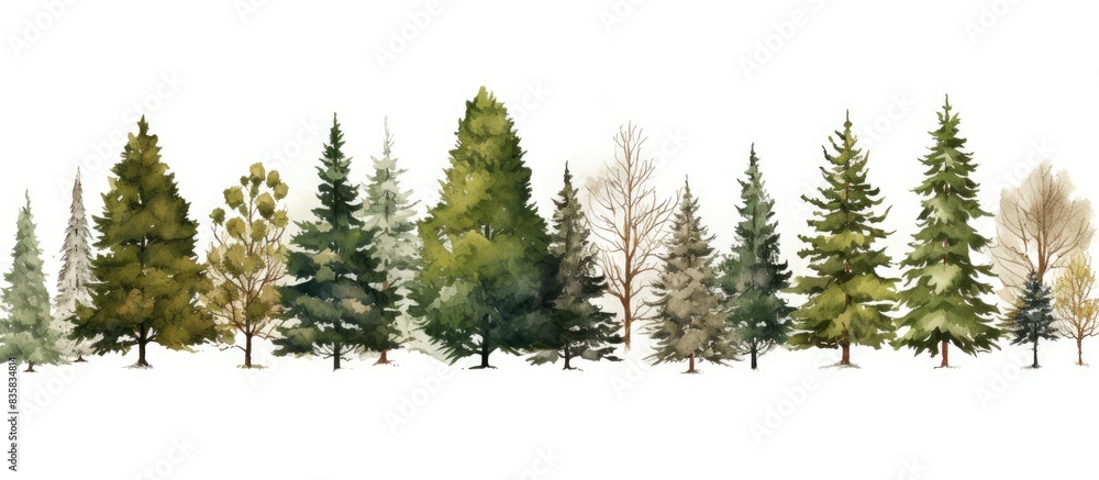 Poster various coniferous trees set against a blank white backdrop with copy space image included.