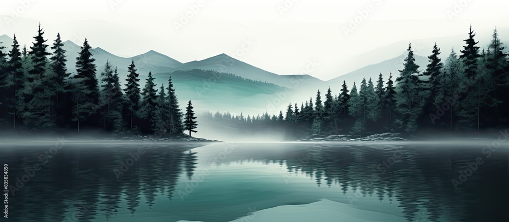 Poster small river and coniferous trees mirrored in serene alpine lake on misty morning with tranquil lands