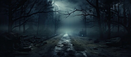 Obraz premium Full moon rises over the enchanting spruce trees in a mysterious forest setting, perfect for a Halloween-themed backdrop with copy space image.