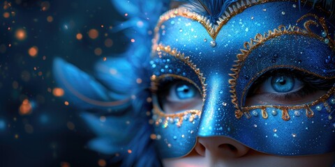 Close-up of person wearing blue masquerade mask with sparkling details at night
