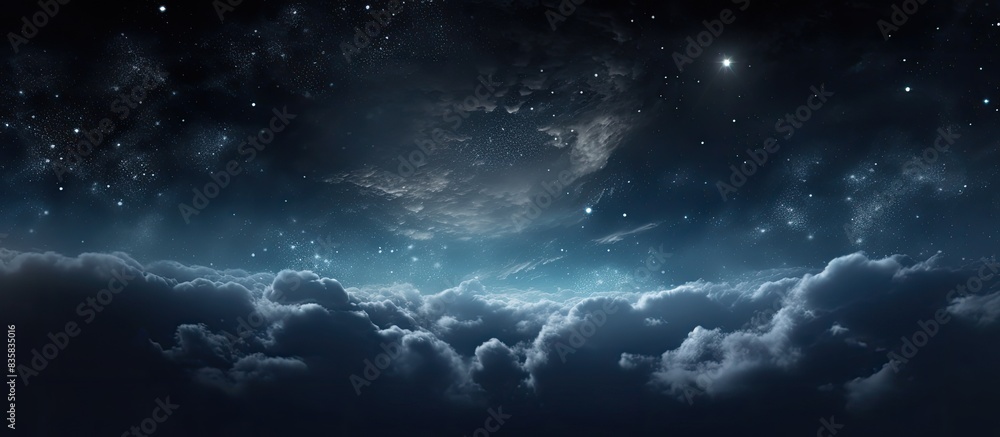 Poster distant view of a sliver of moon against a deep blue nighttime sky, with blank space available for i