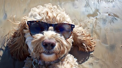 Beach-ready pup sporting sunglasses, basking in coastal sunshine.