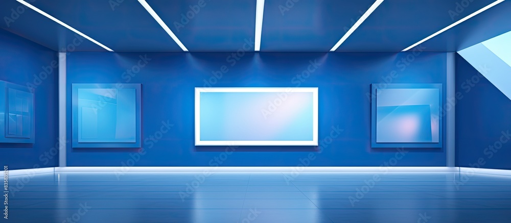 Poster interior of a gallery featuring an empty frame on the wall for a copy space image.