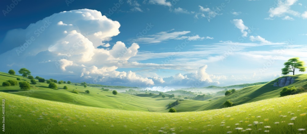 Poster sun setting over a green grassy field under a picturesque blue sky with fluffy clouds providing a tr