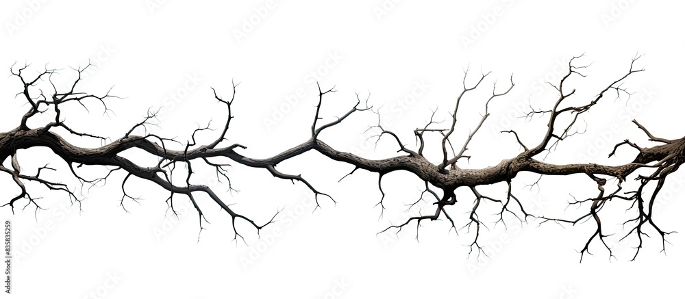 Poster isolated single old and dead tree branch with cracked dark bark on a white background, creating a be